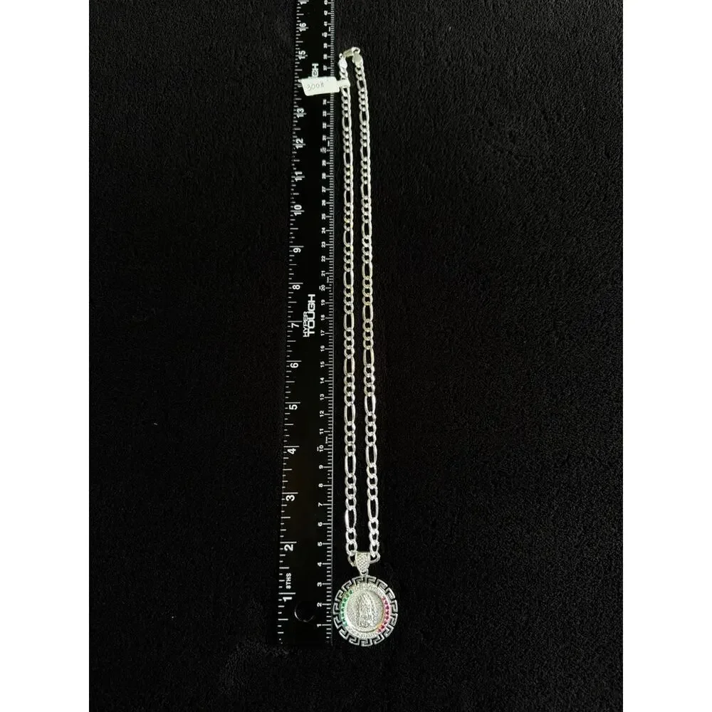 925 Sterling Silver Virgin Mary Pendant Necklace 27 Inch Figaro Chain Italy
